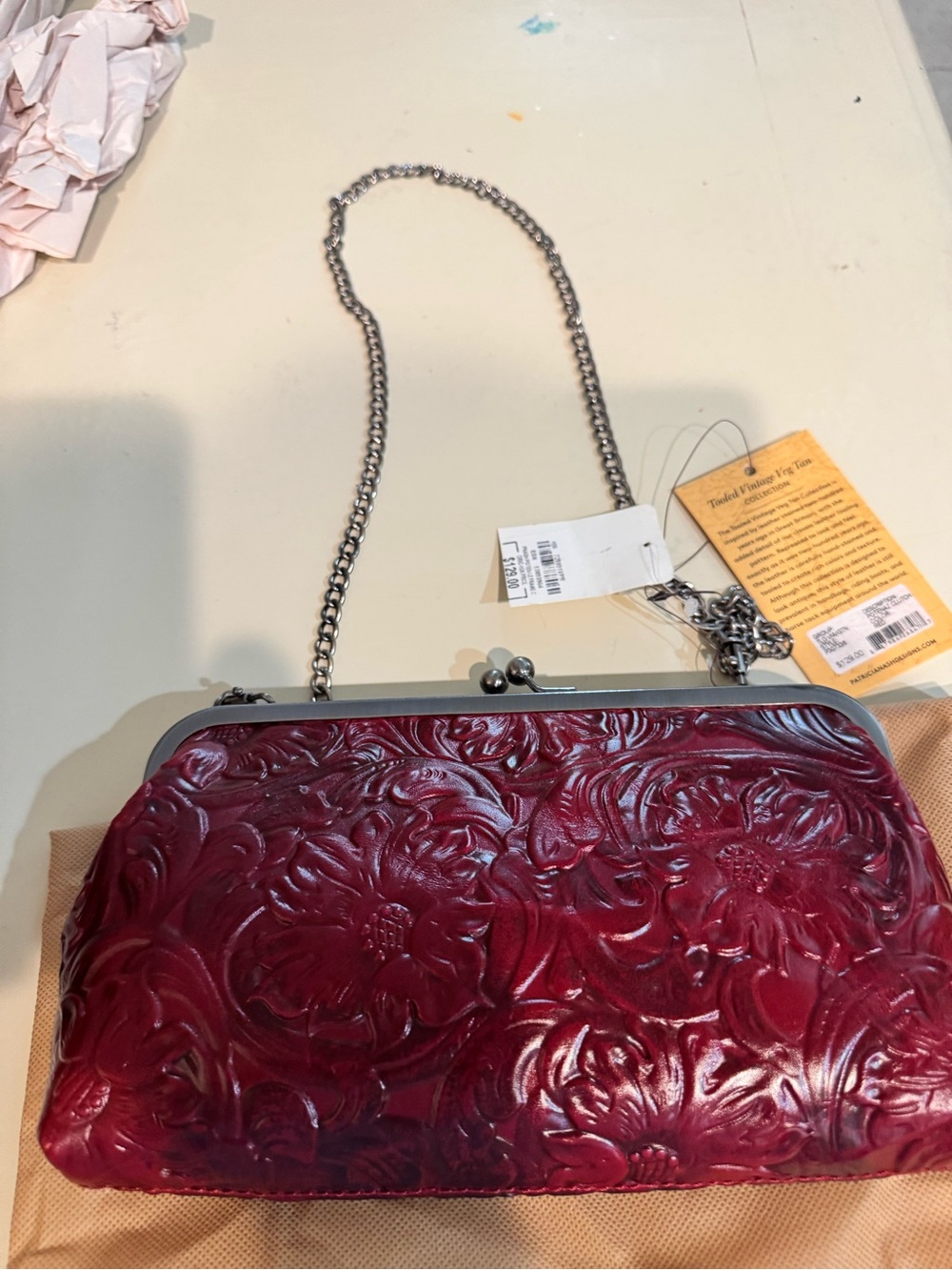 Floral-Embossed Red Leather Kiss-Lock Clutch with Chain
